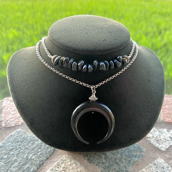 Moon choker necklace . Double layer onyx chips & black moon charm .  goth boho - Picture 12 of 13